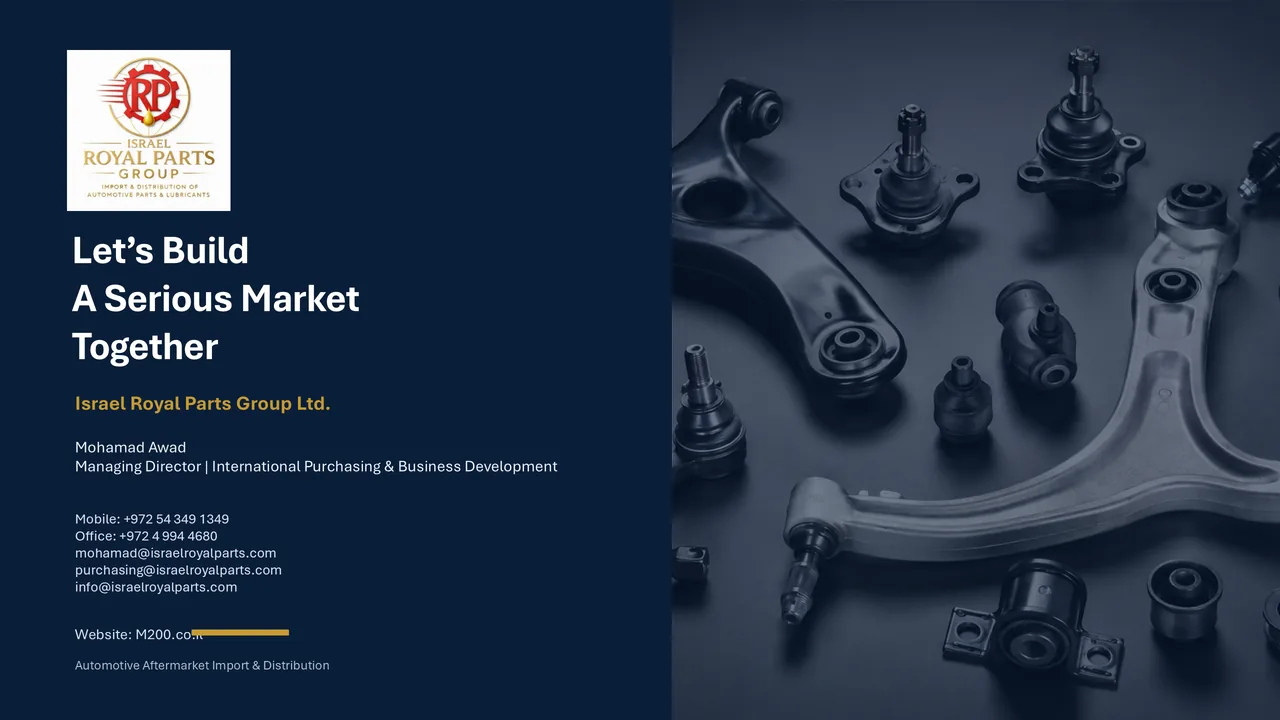 Let’s Build A Serious Market Together. Israel Royal Parts Group Ltd. Mohamad Awad, Managing Director, International Purchasing & Business Development. Mobile: +972 54 349 1349. Office: +972 4 994 4680. mohamad@israelroyalparts.com. purchasing@israelroyalparts.com. info@israelroyalparts.com. Website: M200.co.il. Automotive Aftermarket Import & Distribution.